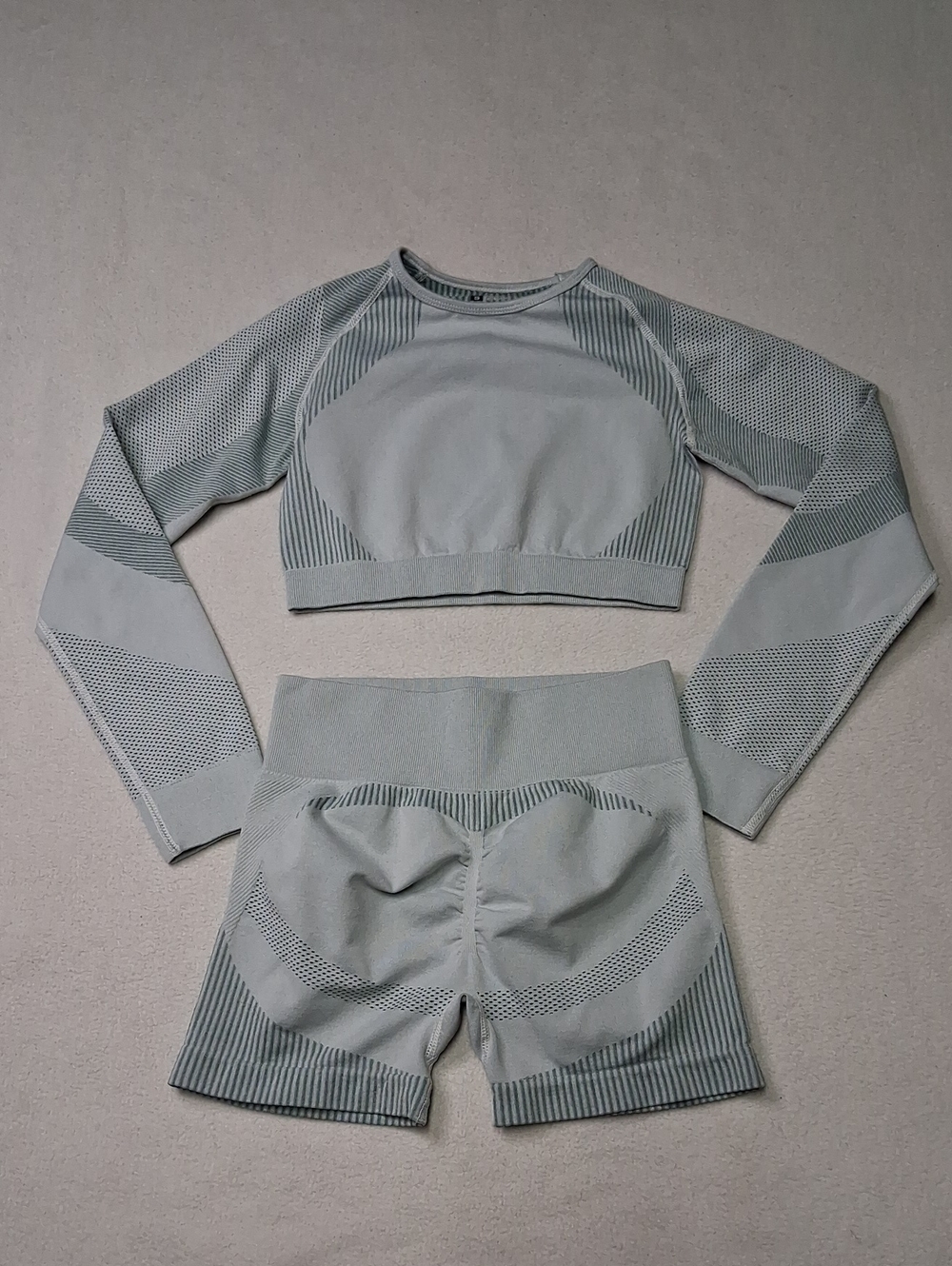 Seamless Long-Sleeve Crop Top and High-Waist Shorts Set - Light Sage